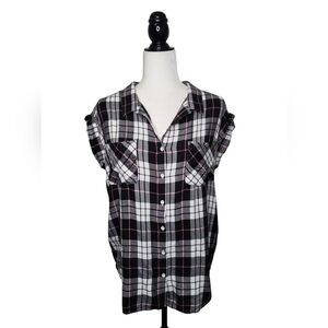 JACHS GIRLFRIEND Women's Shirt Size M Blue & Pink Plaid Short Sleeve Button Up